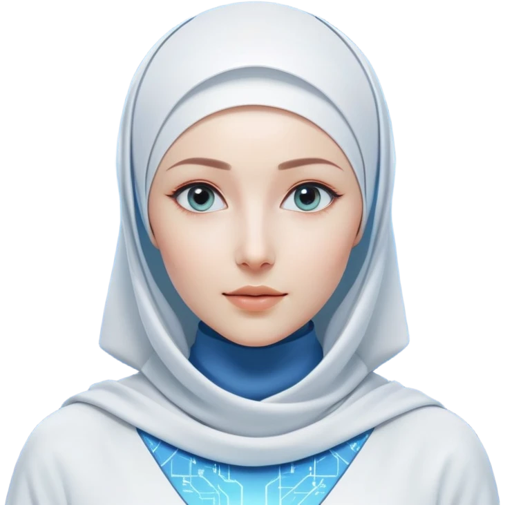 woman with white hijab wearing blue outfit, looking straight ahead, surrounded by futuristic screens showing advanced holographic interfaces, AI visualizations, quantum data patterns, circuit networks, high-tech metaverse elements emoji