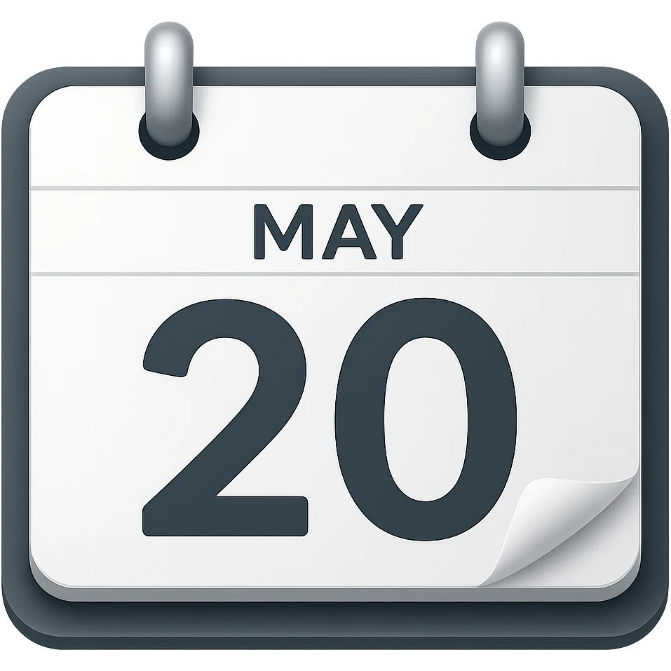 Edit the image to change the text 'May2' to 'May' and enlarge the number '20'. The style is emoji style, so keep the emoji look and feel. Remove the background so the subject is isolated. emoji