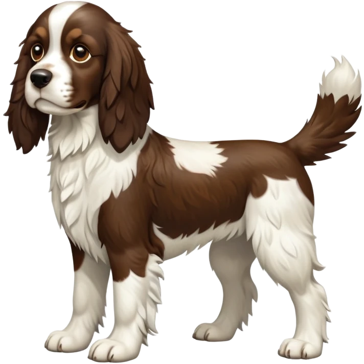 cinematic-[Springer Spaniel]-realistic-full-body-standing-emoji,-tail-resting-loosely-beside-its-paws,-head-tilted-dramatically, -scruffy-[brown and white]-fur,-simplified-yet-realistic-focused-features,-highly-detailed,-glowing-with-an-almost-sarcastic-glow emoji
