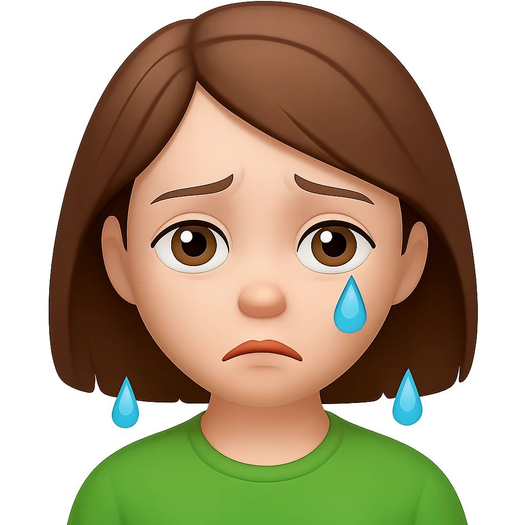 Sad girl wearing a bright green parrot green t-shirt, in the style of Apple emojis, with a transparent background. Focus on concise emoji style. emoji