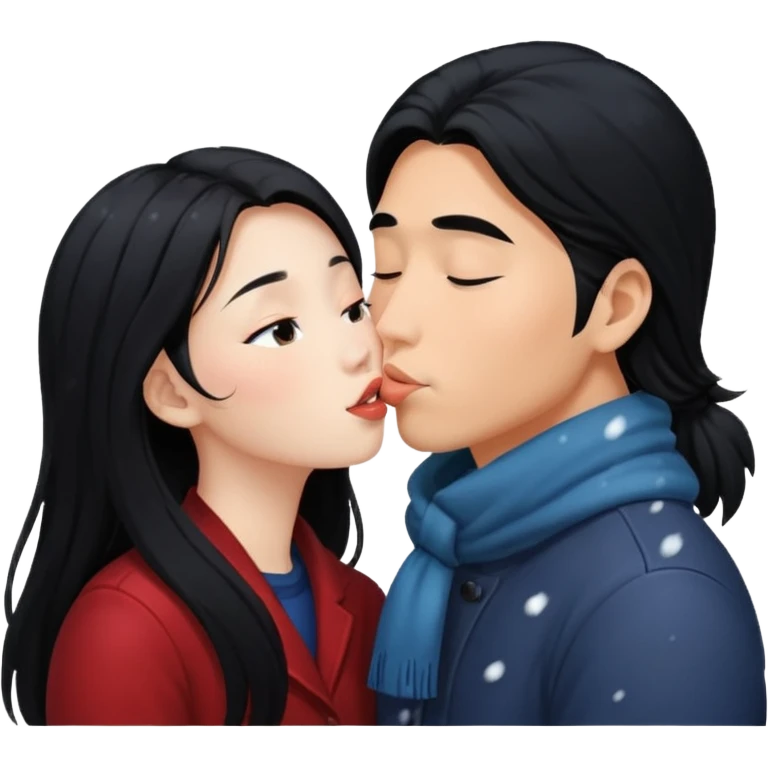 long black haired asian guy kisses redhead girl in snowstorm emoji