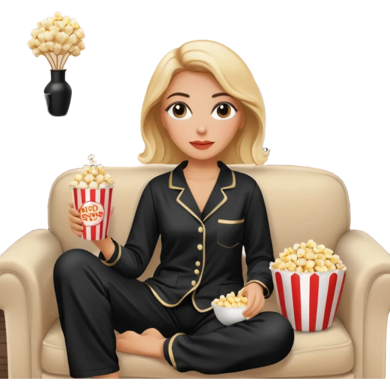 Stylish white woman with makeup in black pyjama watching tv with popcorn on beige couch emoji