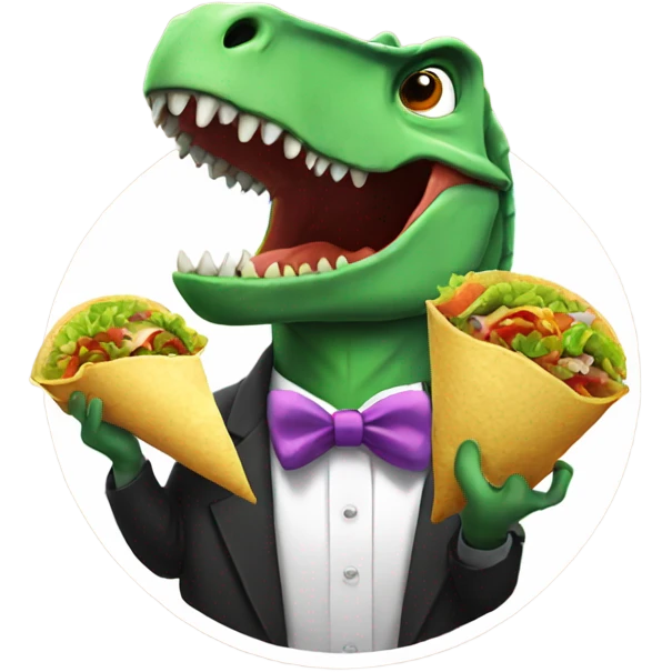 Dinosaur wearing bow tie while eating tacos emoji