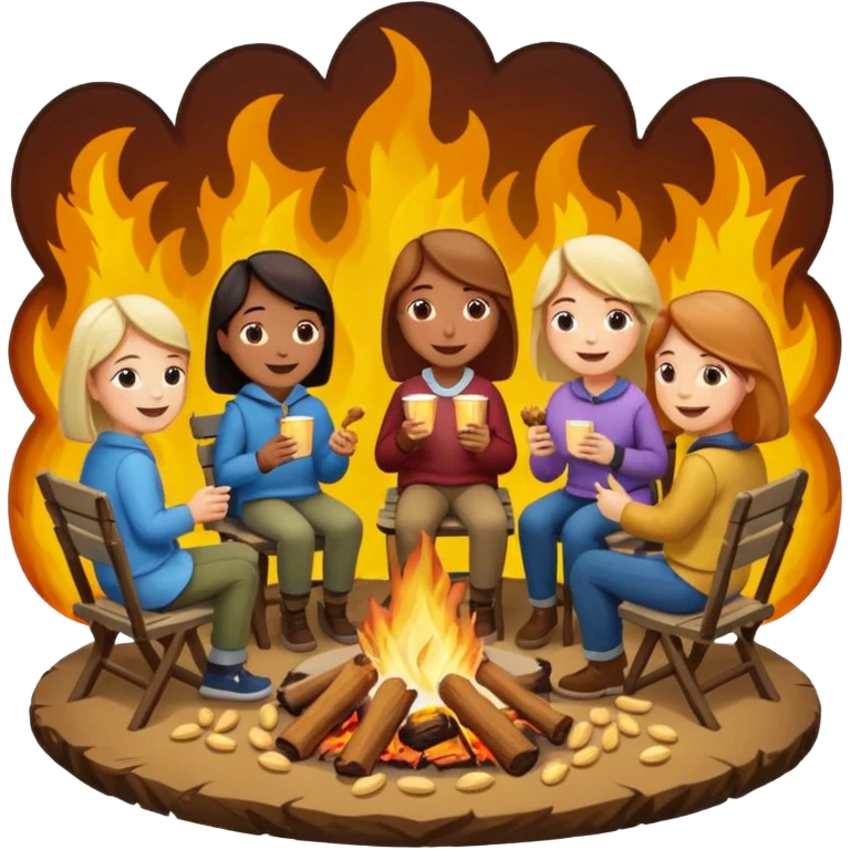 Born fire and people sitting beside born fire on chairs eating peanuts. Born fire is in the centre emoji