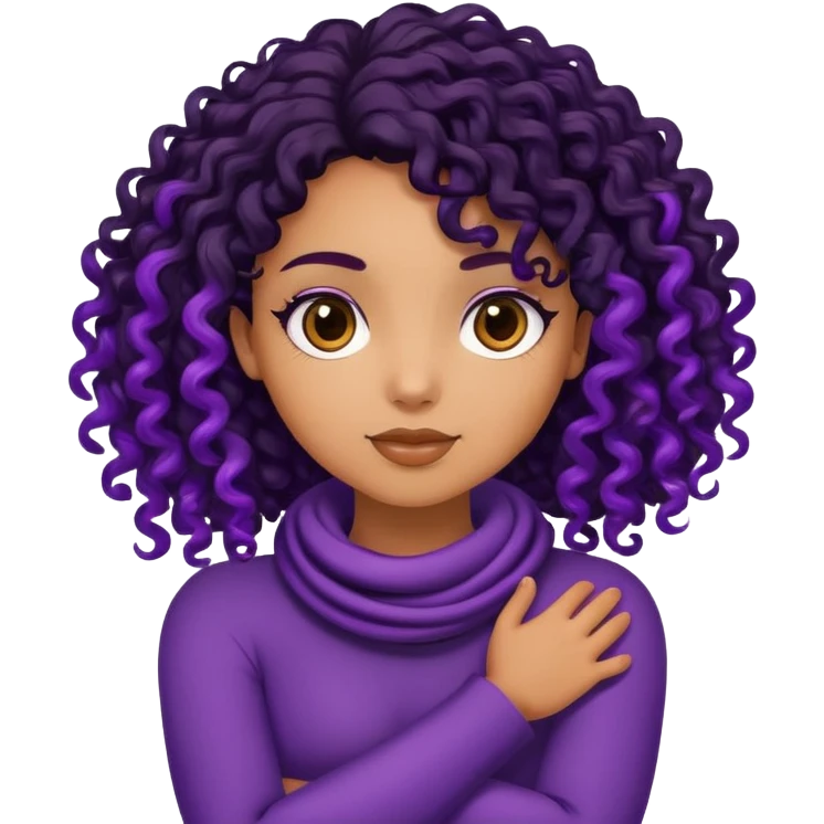 a Carmel girl with arms around neck with black curly hair but purple front stands curly hair emoji