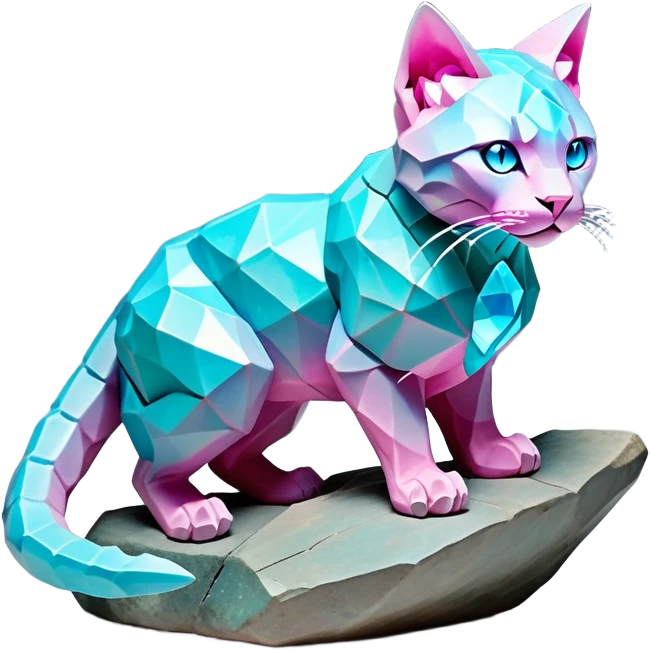 This fascinating hybrid creature combines the rocky ferocity of Boulderbite with the mystical elegance of Etherfeline. The result is a creature with a core body composed of angular, faceted stones in varying shades of turquoise, pink and gray. From the cracks between these stones emanates a soft blue ethereal glow. It has the general shape of a feline, but with crystalline rock formations creating its limbs and body. Its large, expressive eyes feature purple irises with amber outer rings, giving it a hypnotic gaze. The creature sports pointed ears lined with purple crystal formations, and a tuft of blue flame-like energy flows from its head and along its spine. Its tail is a flexible chain of smaller rocks wrapped in the same ethereal blue energy. When it opens its mouth, sharp crystalline teeth are revealed, though its expression is more mysterious than threatening. Small whisker-like energy tendrils extend from its muzzle, occasionally emitting tiny ice crystals. full body emoji