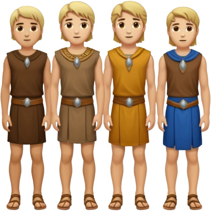 Cartagineses: un grupo de hombres jóvenes, pelo largo rubio y castaño, ropa buena, cara de niños de alrededor de unos 20/25 años.
cuerpo entero, de la época púnica emoji