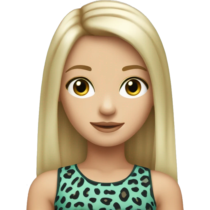 light blond girl with grey-green eyes and straight hair with a leopard printed crop top emoji