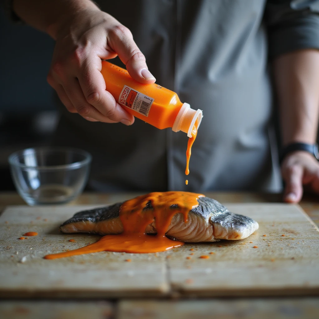 realistic 4K photo of a man holding a bottle of orange dye above a gray salmon fillet, kitchen environment emoji