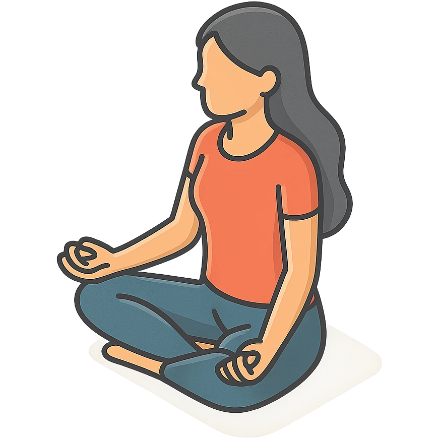a woman with long hair sitting in lotus pose, side view, 2D isometric illustration style emoji