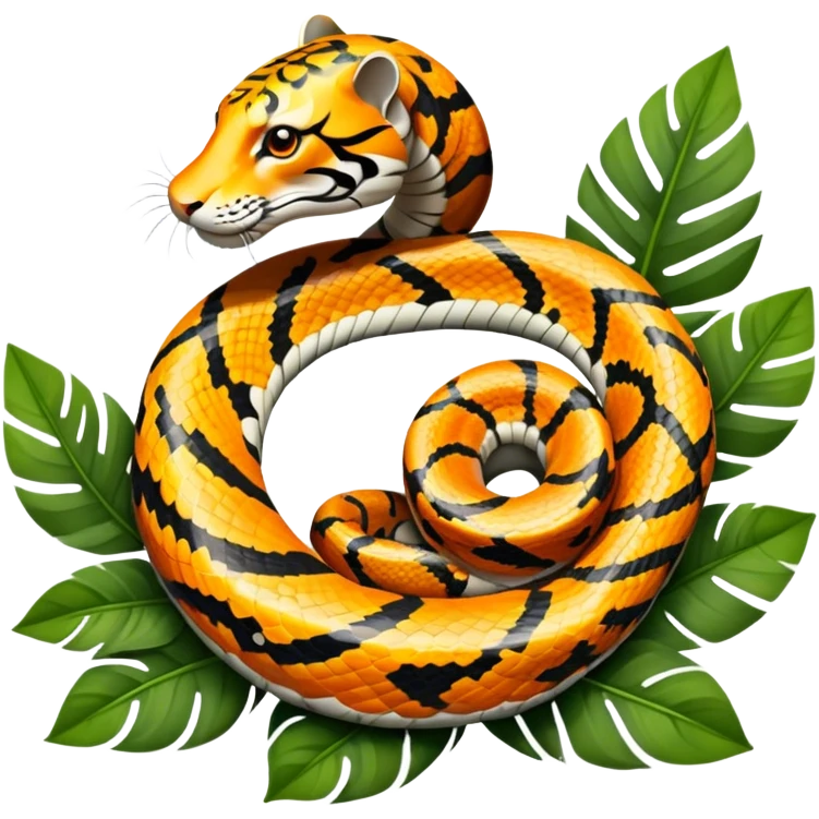 Tiger python coiled up on the ground, blending with the dense jungle foliage. Its distinct orange and black stripes stand out against the vibrant green of leaves and plants. Sunlight filters through the trees, highlighting the snake's patterned scales. Transparent background. emoji