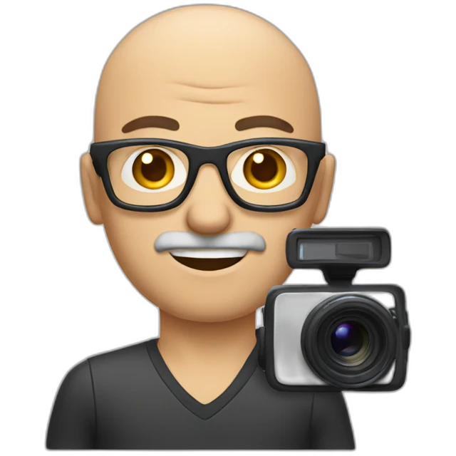 man without hair, a mustache and large glasses holding a video camera emoji