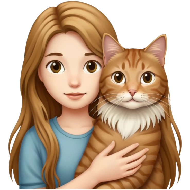 Long-haired girl holding a long-haired tabby cat emoji