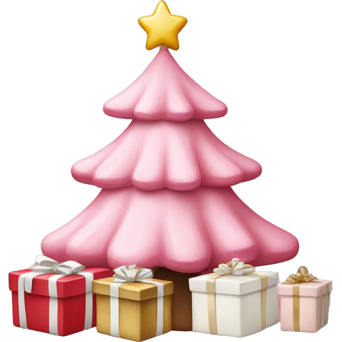 pink christmas tree with white and cream colored presents underneath emoji