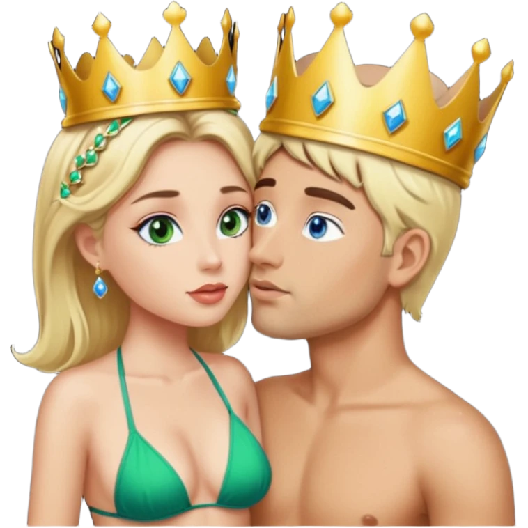 Blonde Queen Green eyes with crown in Bikini kissing Male subject dark Hair blue eyes emoji