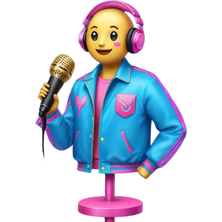 Create a vibrant and energetic emoji that represents pop or stage vocal performance without human figures. The design should feature a microphone on a stand, musical notes, and an illuminated stage with a spotlight to symbolize the live performance aspect. Add a stylish stage costume (e.g., a glittering jacket or sequined outfit) hanging on a hanger, to evoke the glamour of pop singing. Include elements like studio headphones, a music mixer, or a soundboard to reflect the technical side of the performance. Use bright colors like neon pink, electric blue, and gold to convey energy and creativity. The background should be transparent. emoji