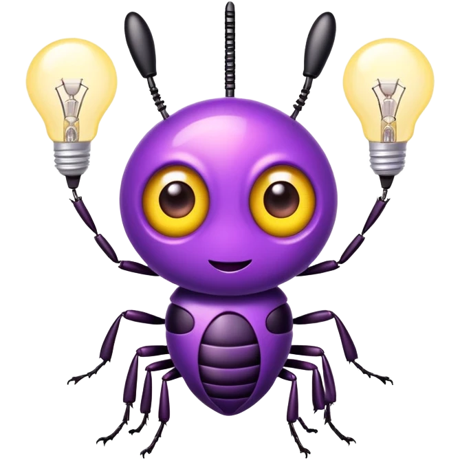 cute purple optiwatt bug with lightbulb antenna, big eyes, and a fun expression emoji