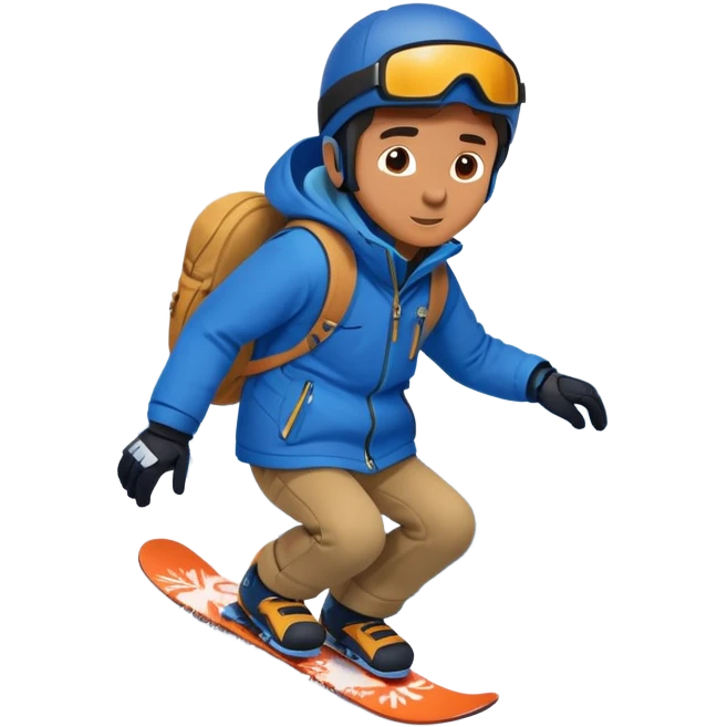 Boy wearing blue jacket snowboarding down snowy mountain ￼ emoji