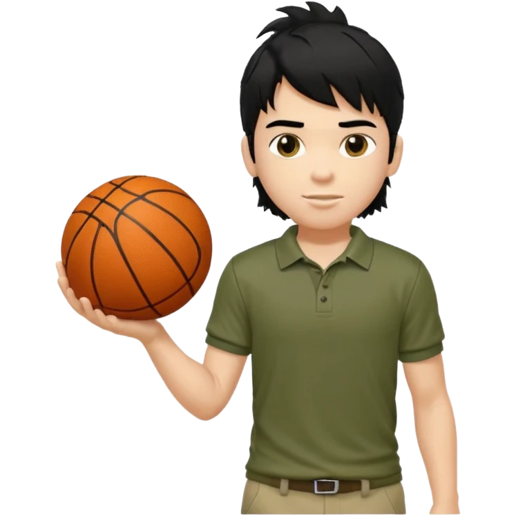 generate a pretty fair bratz boy with a long messy mullet (black hair), carrying a basketball in one hand. Smirking .  Wearing an olive polo shirt. Lean but biceps emoji