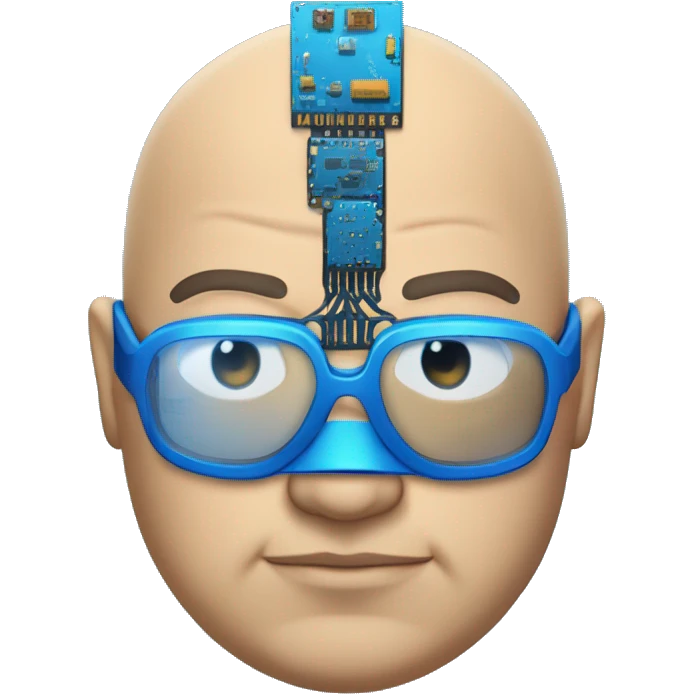 Fat bald cyborg head with tan skin, blue beard, blue goggles and circuits emoji