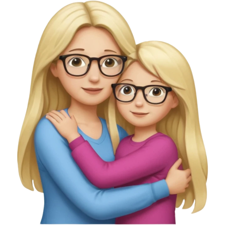 je voudrai un emoji d'une maman blonde avec des lunettes et de sa fille aux cheveux longs et blonds avec des lunettes qui fond un calin, les 2 ont les cheveux longs emoji