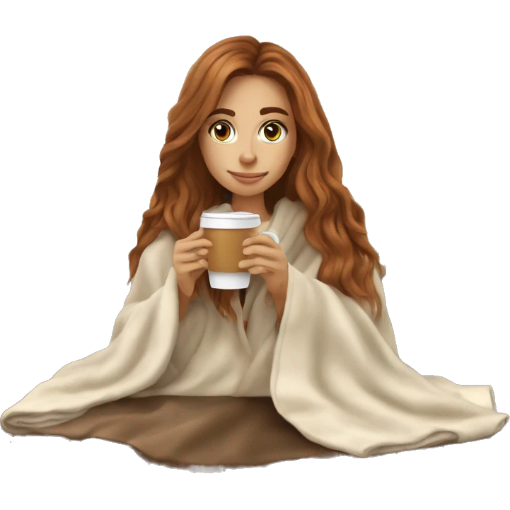 Auburn long haired girl in with a blanket and a latté coffe emoji