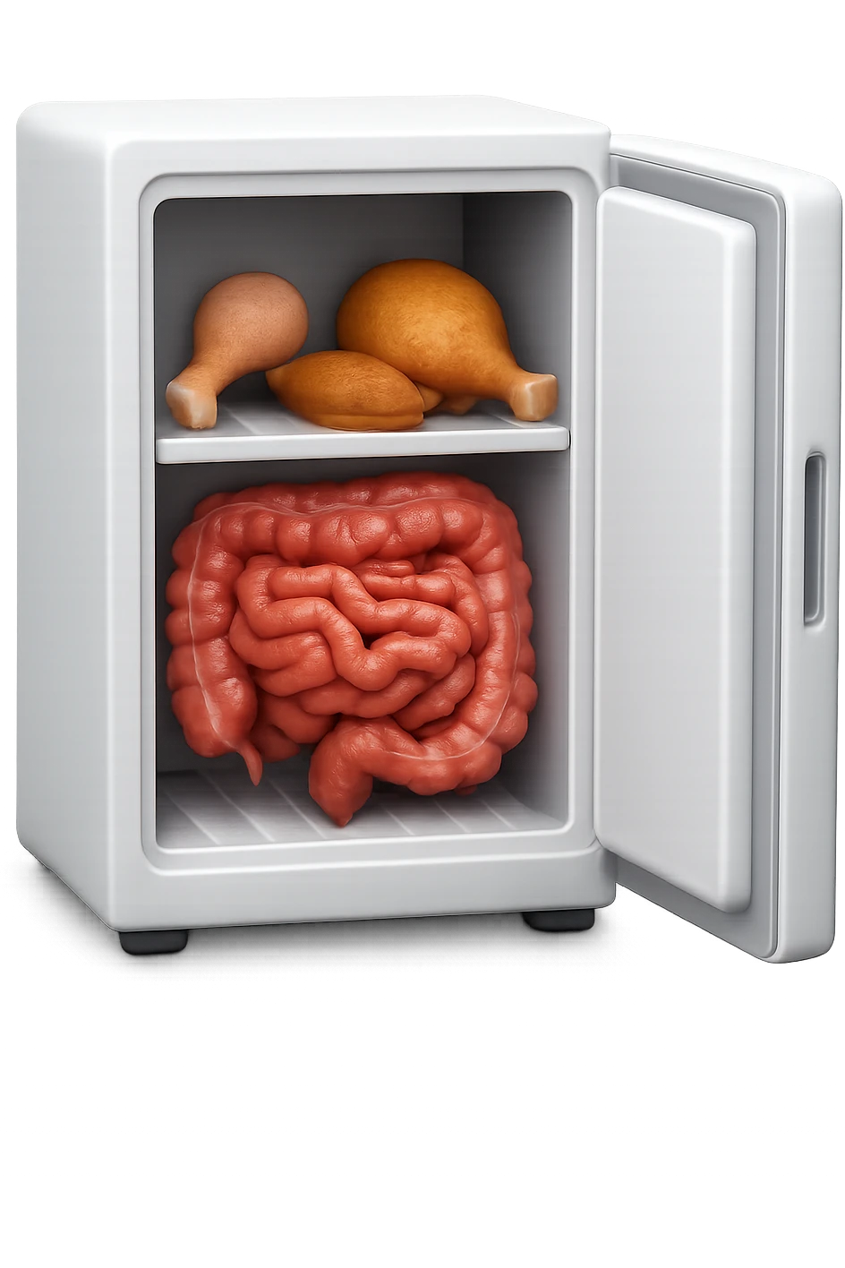 emoji stile iphone DI UN CONGELATORE CON INTESTINO realistico DENTRO INSIEME A PORZIONI DI POLLO E TACCHINO, iperrealistico 4k emoji