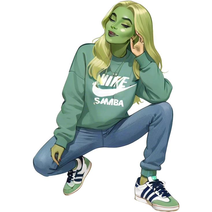 Girl long bright blonde hair parted in middle wearing light blue denim straight leg jeans and a Nike navy sweatshirt with adidas og samba shoes standing in a cozy living room blowing a kiss emoji