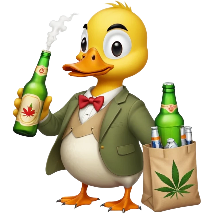 Drunk and high duck animal holding wĺeed bottle and a bag of weed. Looking really drunk emoji
