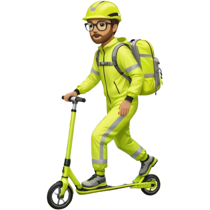 Man wearing a neon yellow high-vis waterproof suit with reflective stripes, carrying a large hiking backpack, standing on a stunt scooter. He has short brown hair, a trimmed beard, glasses, and is by the sea on a concrete platform. emoji