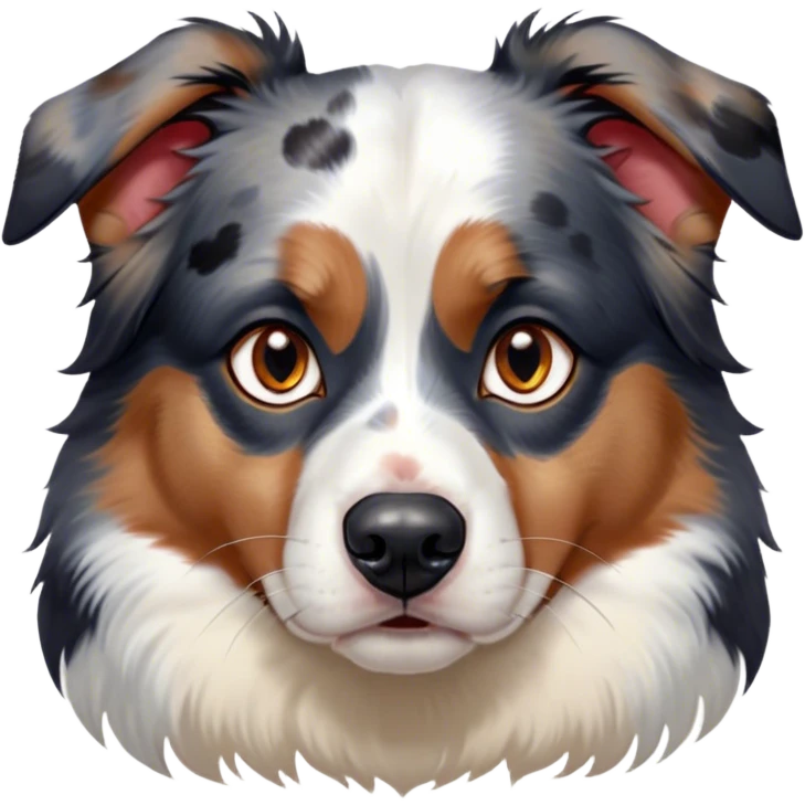 Cinematic Meme-Worthy Grumpy Calico Australian Shepherd Portrait Emoji, Head held high but eyes filled with dramatic disappointment, smooth white fur with spectacular patches of black, tan, and red calico merle, deeply furrowed brow forming an unmistakable scowl, floppy ears slightly angled back in disapproval, piercing blue eyes glaring with pure exasperation, Simplified yet hilariously over-exaggerated features, highly detailed, glowing with an aura of supreme annoyance, high shine, exhausted yet judgmental, stylized with an almost regal pettiness, bright but brooding, soft glowing outline, capturing the essence of a pup that has seen it all and is thoroughly unimpressed, so meme-worthy it feels like it could instantly become the next viral sensation of grumpiness! emoji