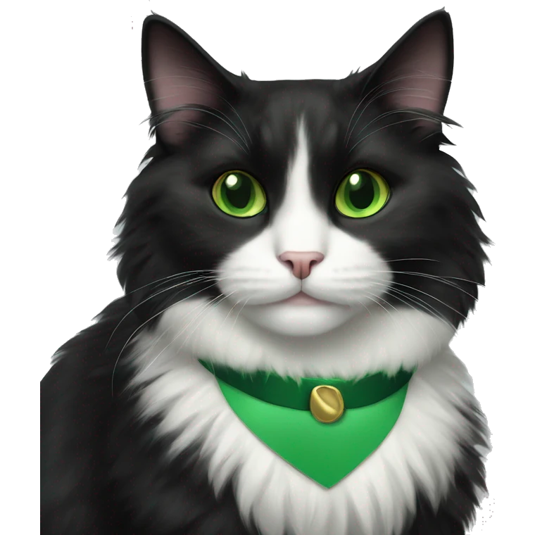 fluffy tuxedo cat with green eyes and green collar emoji