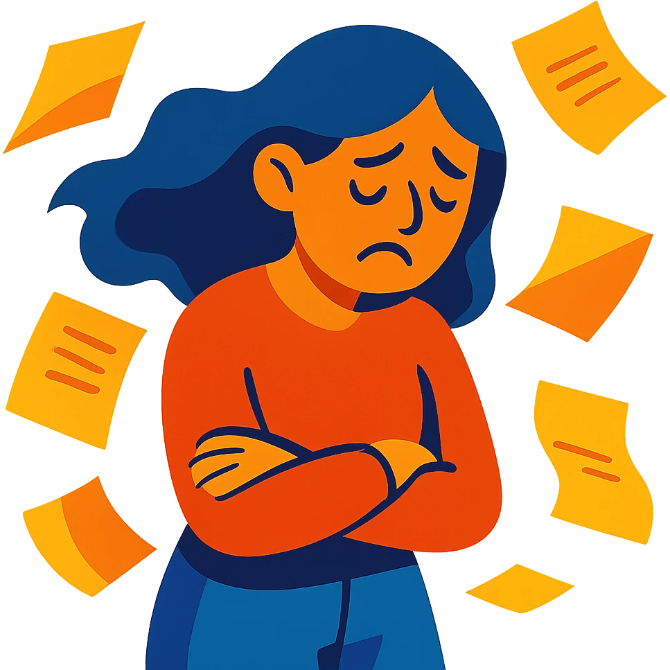sad woman with flying papers around her, vibrant colors emoji