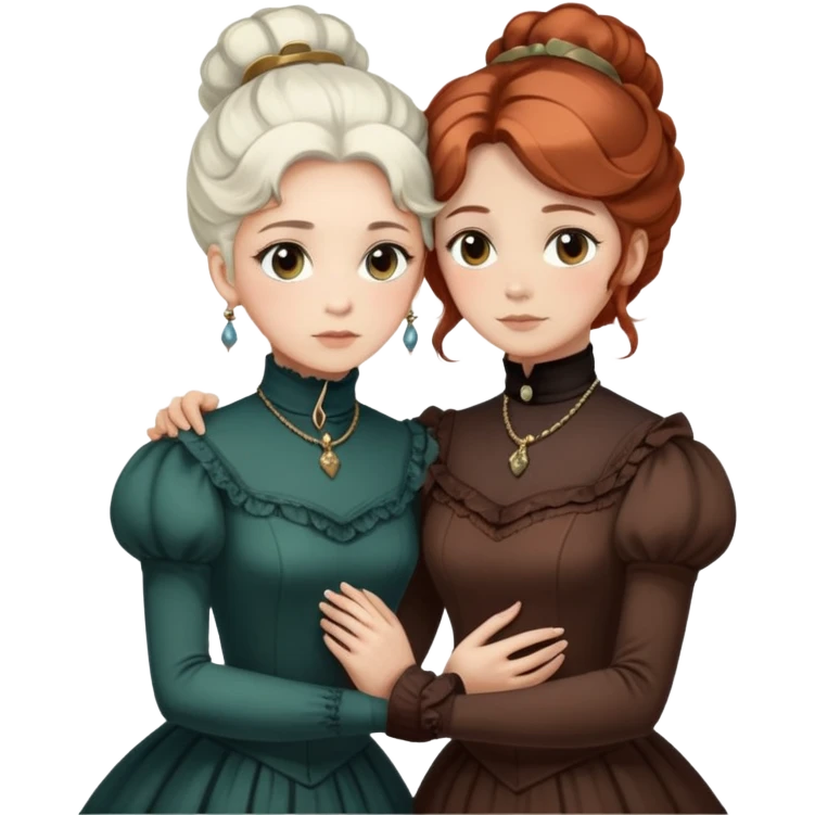 Two Victorian women with light eyes, one with white coiffed hair and one with dark copper coiffed hair, wearing Victorian turtleneck dresses with their arms tightly around each other emoji