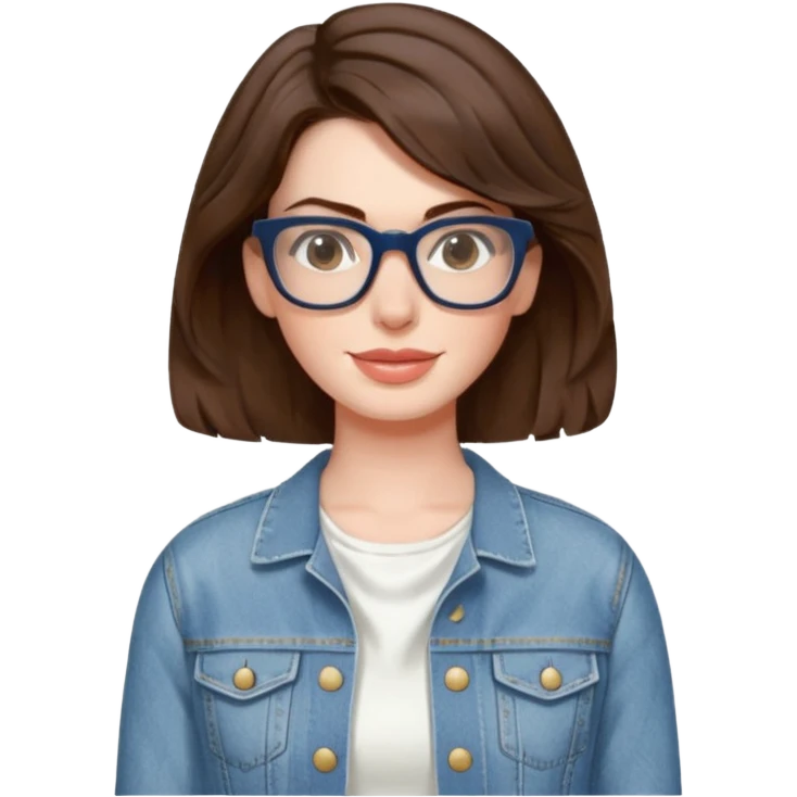 Anne Hathaway in glasses with short wavy hair and scoop neck white dress and denim jacket emoji