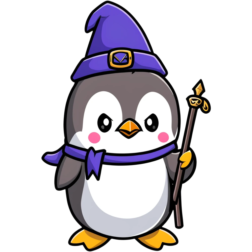 Penguin wizard with magical staff and hat emoji