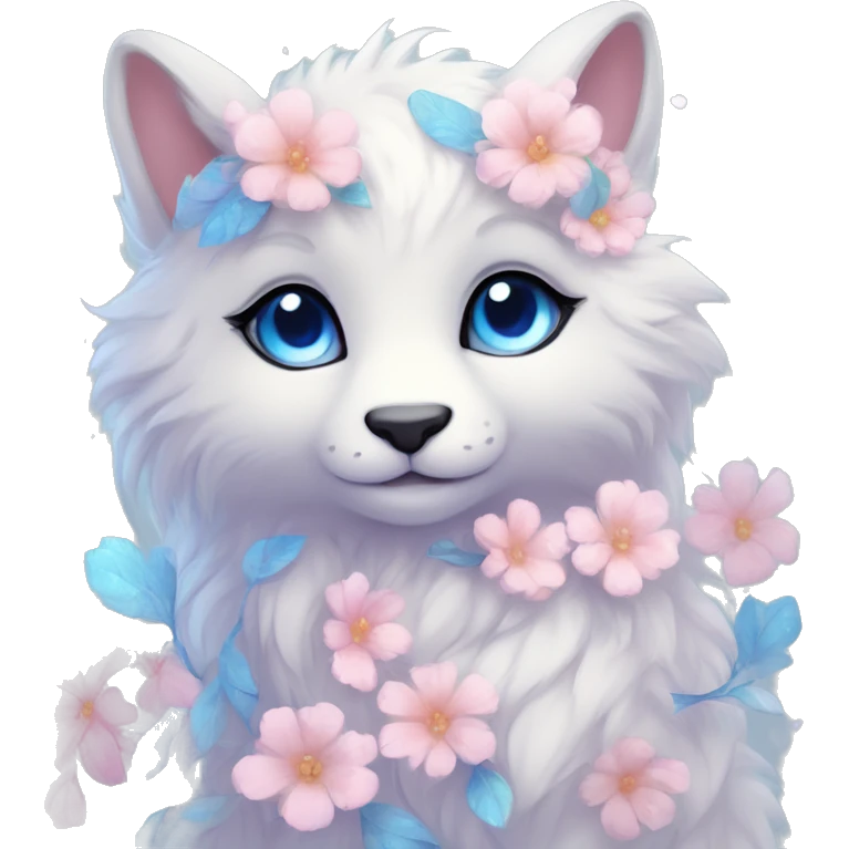 Anthro Cute Cool Blushing Pastel Innocent Shy Kawaii gorgeous sparkly ethereal fantasy animal creature with blue eyes furry sona with flowers and ribbons beautiful aesthetic emoji
