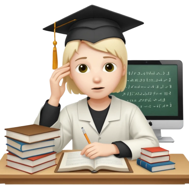 A very exhausted graduate student studying statistical physics. With some books on statistical physics, and a lot of papers, and computers emoji
