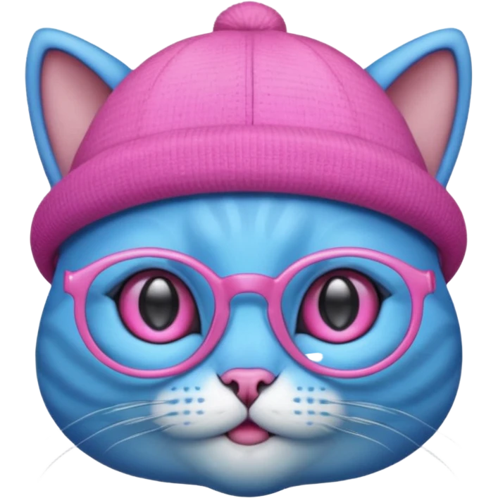 blue alien cat with no fur, pink hat  and spectacles emoji