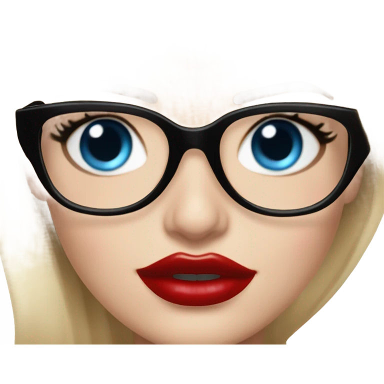  Margot Robbie, bright blue eyes and winged eye liner, red kisses, wearing black glasses  emoji
