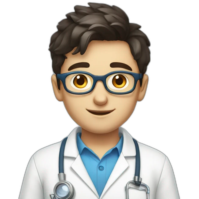 A scientist boy with white apron and wearing spectacles and dark hair and blue eyes emoji
