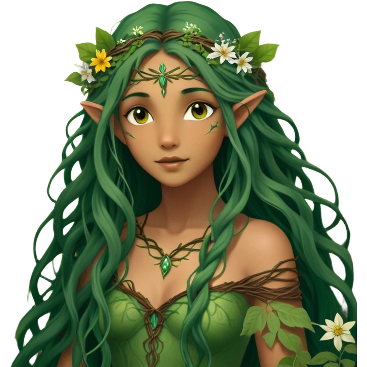 Cinematic Realistic Forest Fairy Portrait, depicted with lifelike, sun-kissed tanned skin that radiates an earthy glow, softly illuminated by natural, dappled light. Her long, flowing dark green hair is intricately detailed and interwoven with delicate vines and wildflowers, while her deep, soulful eyes mirror the wisdom of the forest. Dressed in an attire inspired by nature’s palette—with subtle botanical motifs—the portrait exudes a soft, enchanted glow that melds realism with woodland magic showing her large butterfly wings from her back. emoji