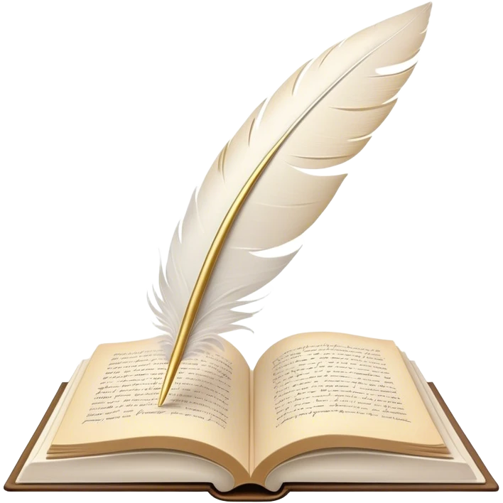 Create a delicate and elegant emoji representing poetry. The design should feature several gracefully flying pages with short poetic lines written on them. A white feather quill should be gently resting on one of the pages or floating nearby, symbolizing creativity and inspiration. The pages should look soft and flowing, evoking the fluid nature of poetry. Use a subtle color palette with white, light pastels, and a touch of gold for accents. Make the background transparent. emoji