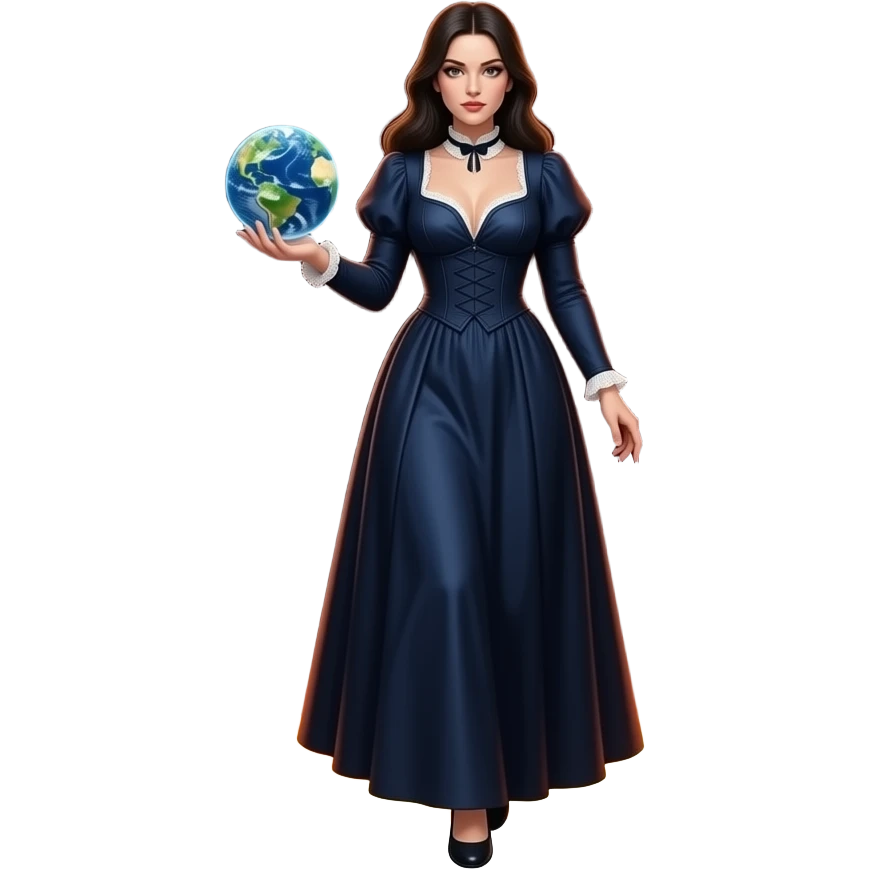 a seductive evil beautiful woman in a long dark blue dirty Victorian dress with a deep neckline carries in her palm a small planet Earth that radiates and steps out of a circle of fire emoji