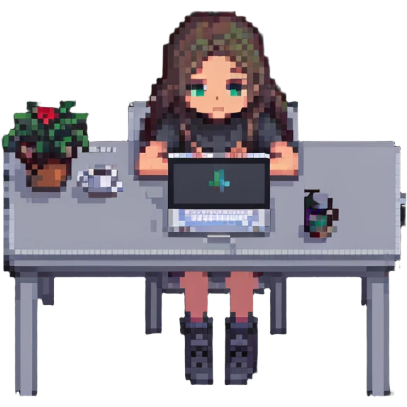 girl sitting at a desk with a MacBook, face partially hidden, cozy workspace, pixel art style emoji
