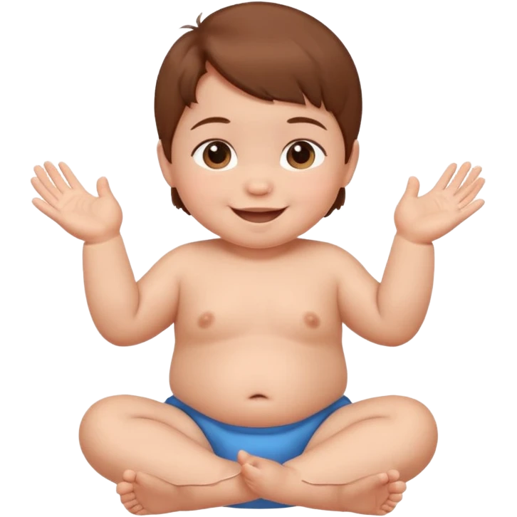 A smiling baby with brown hair, sitting, moving its arms and hands. emoji