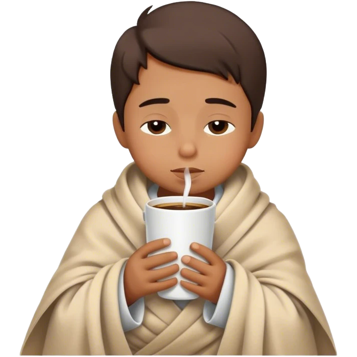 Little brown Boy inside a blanket sipping coffee eyes closed without bed emoji