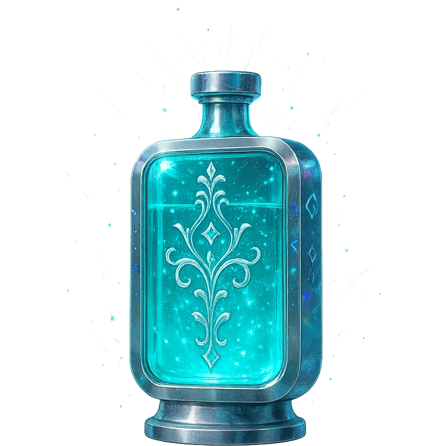 modernus prabangus eliksyro buteliukas, tabletės forma, cyan spalva, holografiniai ir sidabriniai ornamentai, stiprūs magiški švytėjimai ir efektai, labai mažas kaklelis, skaidrus fonas, vientisas dugnas, be šešėlio, plūduriuoja ore, kolekcijos stilius emoji