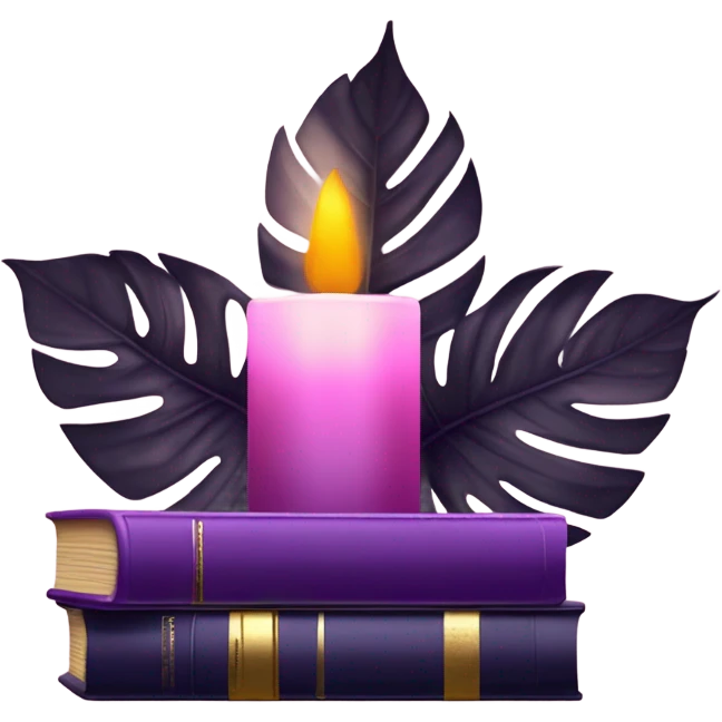 An elegant still life featuring a stack of light and dark violet books, a pink monstera plant, and a brass candle holder. emoji