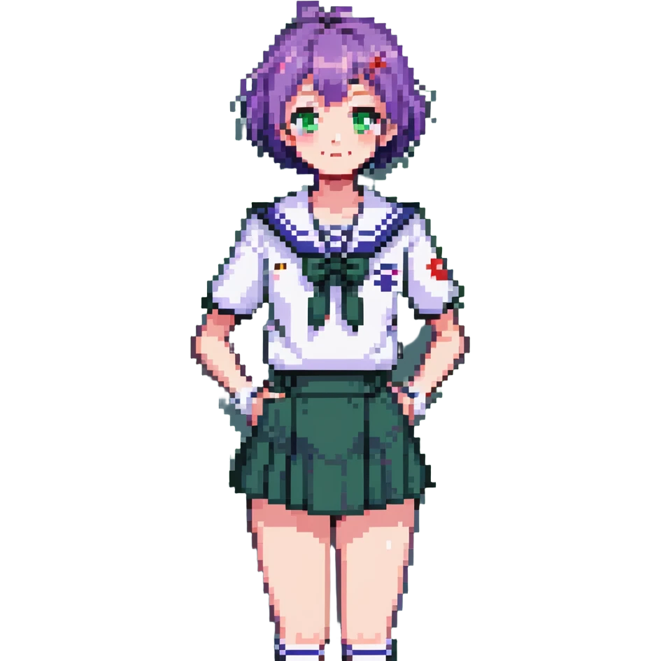 Pixel art anime girl with short bright purple hair wearing Japanese sailor style school uniform, trying to look confident with hand on hip but nervously waving with a shy blush and timid smile emoji